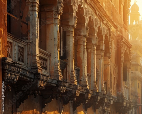ornate sandstone balcony with intricate carvings bathed in warm sunlight