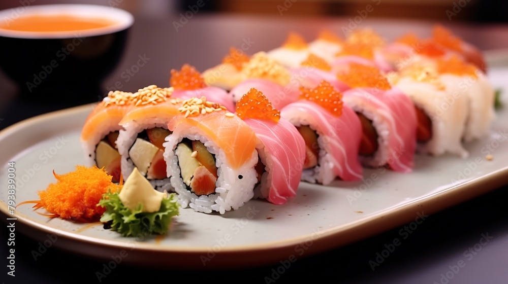 Delicious sushi rolls with Japanese shoyu on white plate. Delicious sushi rolls with Japanese shoyu on white plate.