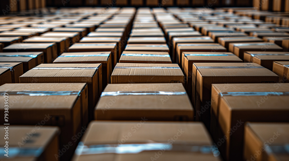 Rows of carton packages in a big warehouse. Rows of carton packages in a big warehouse.