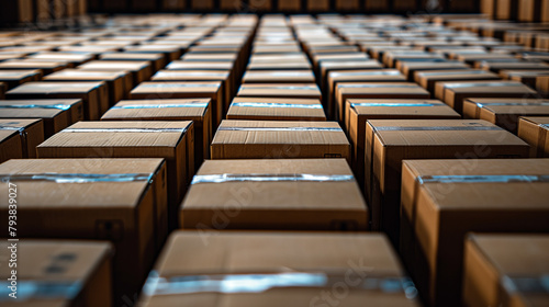 Rows of carton packages in a big warehouse.