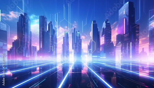 Capture a mesmerizing  tilted angle view of a neon-infused  sci-fi cityscape with iridescent holographic elements in dazzling detail Use digital rendering techniques for a futuristic appeal