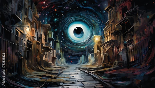 Capture a mesmerizing Worms-eye view of a swirling, mystical illusion using vivid watercolors Portray the magic within an abandoned cityscape, blending mystery and beauty photo
