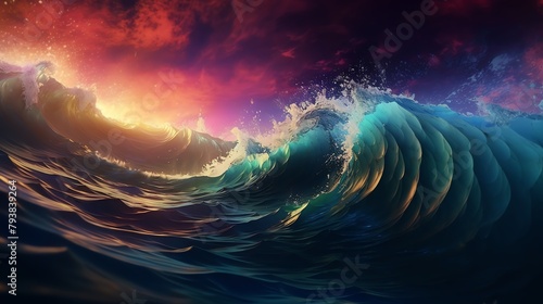 Capture the mesmerizing Aerial view of waves crashing within a frame of wonder Using computer-generated 3D rendering techniques, depict a futuristic space scene with vibrant colors and elements of che photo