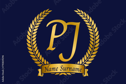 Initial letter P and J, PJ monogram logo design with laurel wreath. Luxury golden calligraphy font.