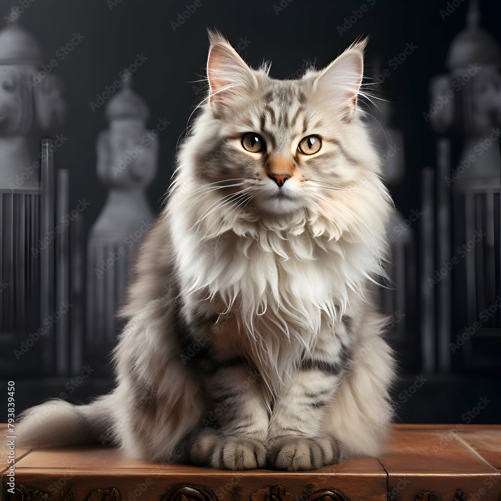 beautiful long haired cat of siberian breed in studio