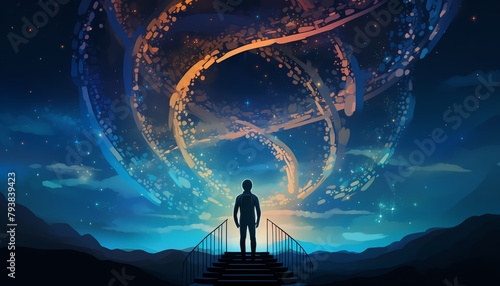 Design a vector art piece that captures a wide-angle perspective of a guardian standing vigil over a shimmering DNA helix in the moonlit night, evoking a sense of magic and wonder, Use bold colors and photo