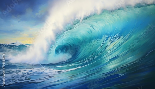 Illustrate a breathtaking aerial perspective of a massive wave frozen in time, contained within a mystical frame evoking a sense of wonder Utilize traditional oil painting techniques to convey an othe