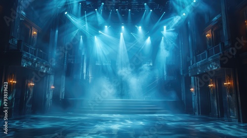 Online event entertainment concept. Background for online concert. Blue stage spotlights. Empty stage with blue spotlights. Blue stage lights. . Live streaming concert photo