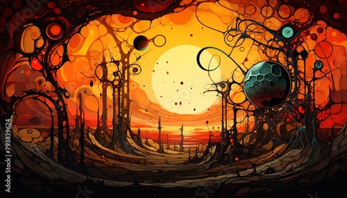 Utilize traditional art medium to depict Mars from a side view, showcasing a surreal wonderworld setting with vivid colors and intricate details, incorporating a matrix mantis for a unique, captivatin photo