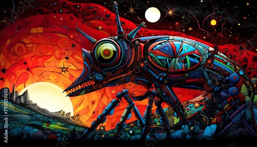 Utilize traditional art medium to depict Mars from a side view, showcasing a surreal wonderworld setting with vivid colors and intricate details, incorporating a matrix mantis for a unique, captivatin