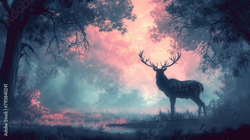 Silhouette of a deer stands in a mystical forest theme at dawn. photo