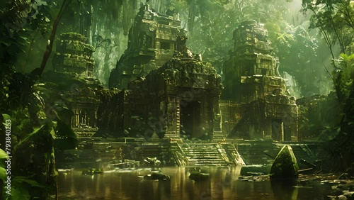 A lush jungle with a temple in the middle. The temple is surrounded by trees and has a stone structure. The water in the background is calm and peaceful photo