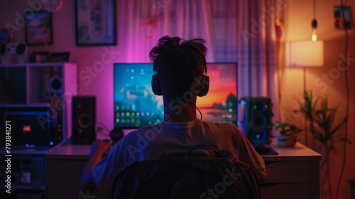 An individual gamer focused intensely on their screen in a dimly lit room, the colorful glow of the monitor reflecting their captivation with the virtual world.