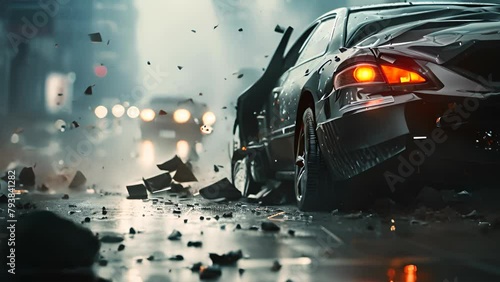 A car crash with a car that is smashed and has a lot of debris around it. The scene is dark and moody photo