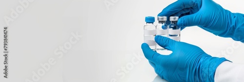 Healthcare Worker Handling Vaccine Vials. A healthcare professional in blue gloves meticulously handles clear vaccine vials. Banner with copy space © Оксана Олейник