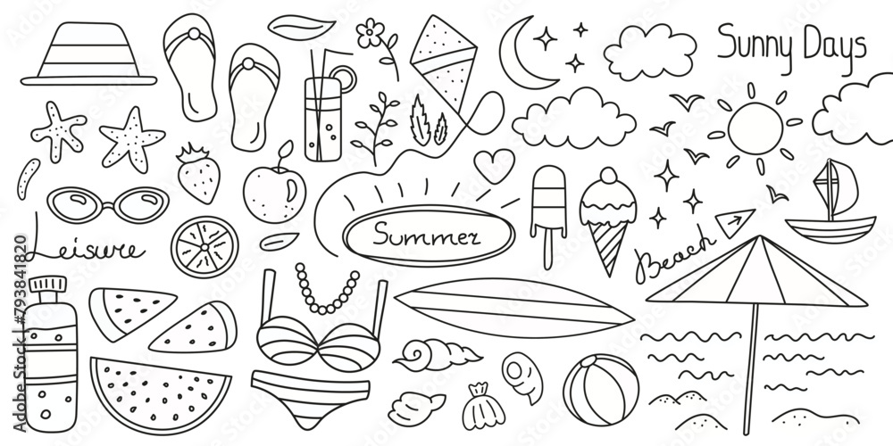 Summer doodles, cartoon drawings with beach equipment, leisure objects, summertime sweets and vacation items.