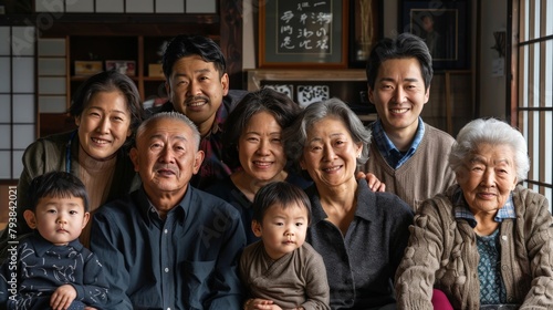 An intergenerational family portrait that celebrates the richness of heritage  with members from the elderly to infants  each face telling a story of tradition and change.