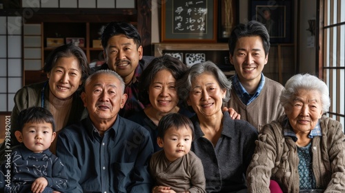 An intergenerational family portrait that celebrates the richness of heritage, with members from the elderly to infants, each face telling a story of tradition and change.