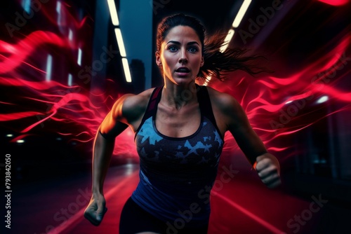 Running woman. Dynamic photo of a female runner wearing stylish sportswear running at night.