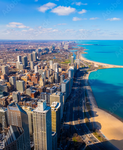 Chicago cityscape aerial view, Chicago City and Michigan Lake, Chicago, Illinois, USA photo