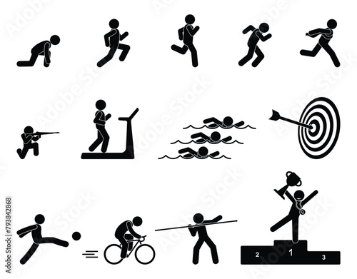 sport icon set, stick figure man icon, isolated human silhouette, stickman competes and wins, sports equipment