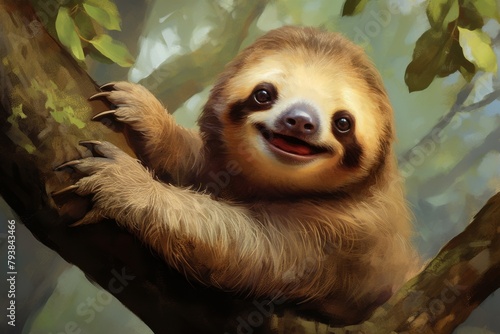 Happy sloth hanging on the tree. A slow-moving sloth hangs from a verdant branch.