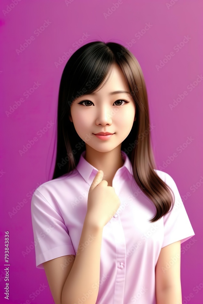 Portrait of happy asian japanese girl smile feeling happiness and confidentialy, wearing white shirt on the pink background. with copyspace Portrait of happy asian japanese girl smile feeling happiness and confidentialy, wearing white shirt on the pink background. with copyspace