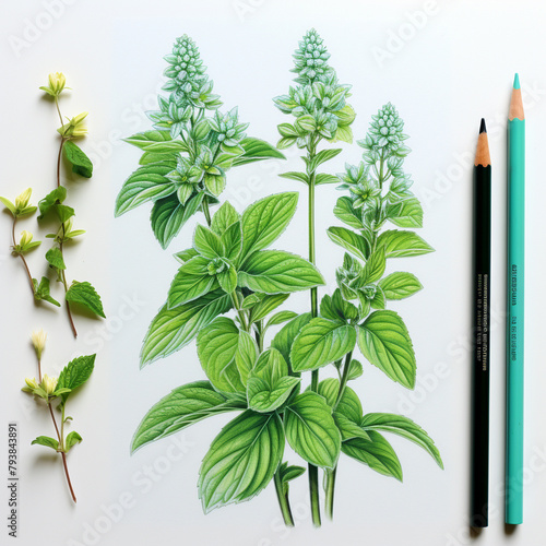 A botanical illustration of Mentha spicata (spearmint) with a white background. photo