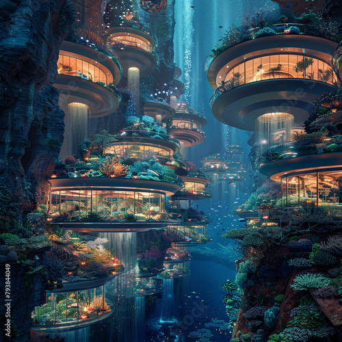 An illustration of an underwater city with glass domes and waterfalls.