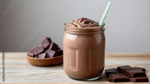 A glass full of Chocolate Protein Shake on the table
