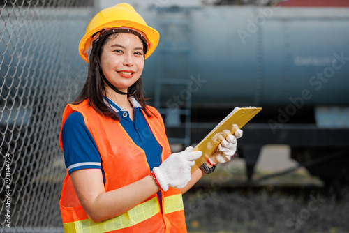 portrait Asian young teen engineer worker standing happy smile outdoor waring safety reflective with hardhat. © Quality Stock Arts