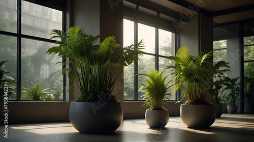 tree in a building,modern living room with plant, plant on the sill, palm tree in a pot, cactus in a glass vase, Decorative monstera tree, Green leaves of plants, floral arrangement , .Genrative.ai