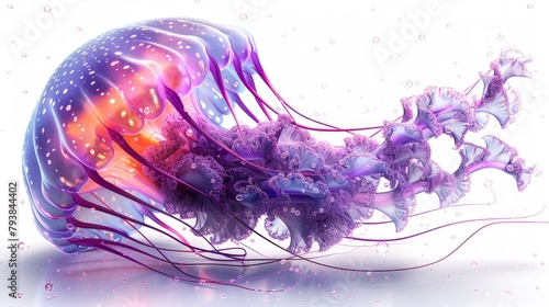 Modern illustration of bright and vibrant jellyfish with tentacles. Violet medusa isolated on white background. Swimming underwater creature. Illustration in flat modern format. photo