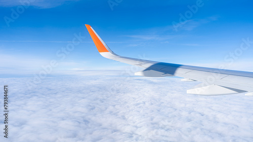 air plan wing, blue sky and clouds, view from windows. High quality photo