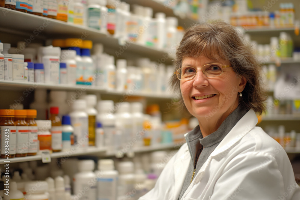 Professional female pharmacist standing confidently with a smile in a pharmacy setting