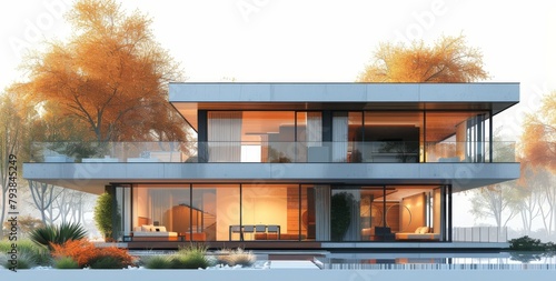 A contemporary structure constructed from glass and wood. Contemporary house design. Exterior of suburban real estate. Colored flat modern illustration of a building isolated on a white background.
