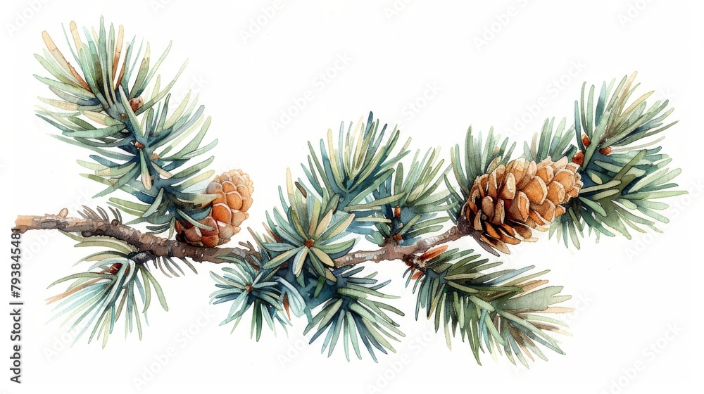 Fresh coniferous evergreen twig and pinecone. Vintage botanical drawing of a sprig of pine tree. Hand-drawn modern illustration isolated on white.