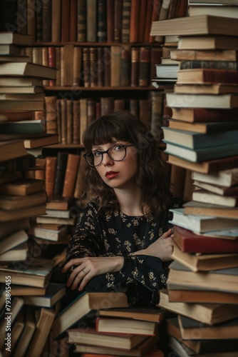 Pensive young woman with glasses surrounded by towering piles of books in a cozy library setting
