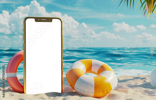 Summer sale ad banner with mobile phone mockup. Banner with beach sand with summer big swimming ring, beach ball, golden frame. 3d ad illustration for promotion of summer goods