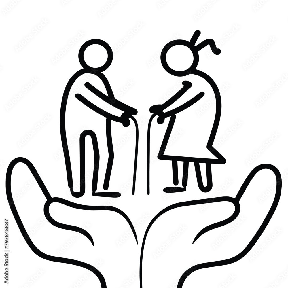 Elderly Men and Women Hold Their Hands Line Drawing Engraved Style Elderly Men and Women Hold Their Hands Line Drawing Engraved Style