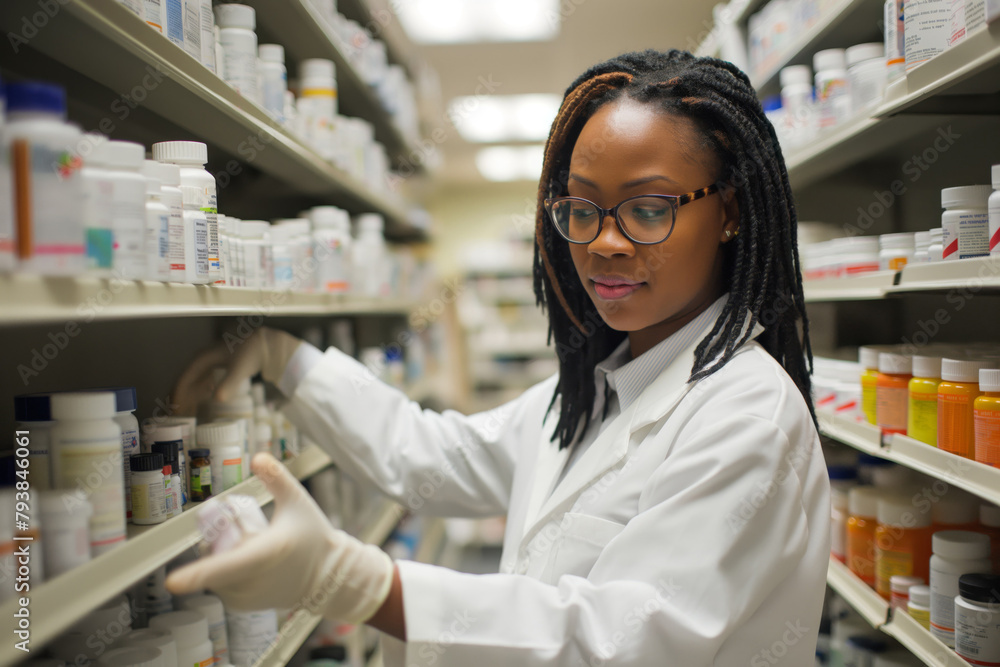 Focused female pharmacist restocks or organizes various medications in a pharmacy
