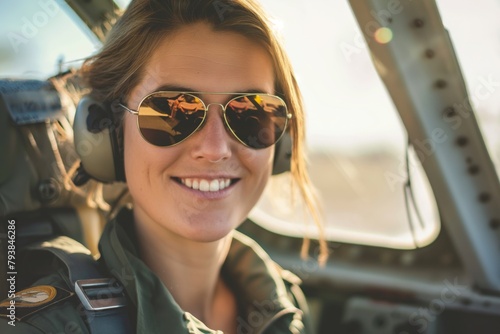Portrait of a smiling female pilot wearing sunglasses and aviation headset inside aircraft cockpit