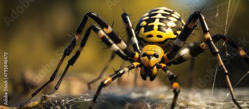 Closeup of a yellow and black arachnid, tangleweb spider, on a rock