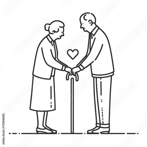 Elderly Women and Men Holding Hand with Hearts Vintage Engraved Style