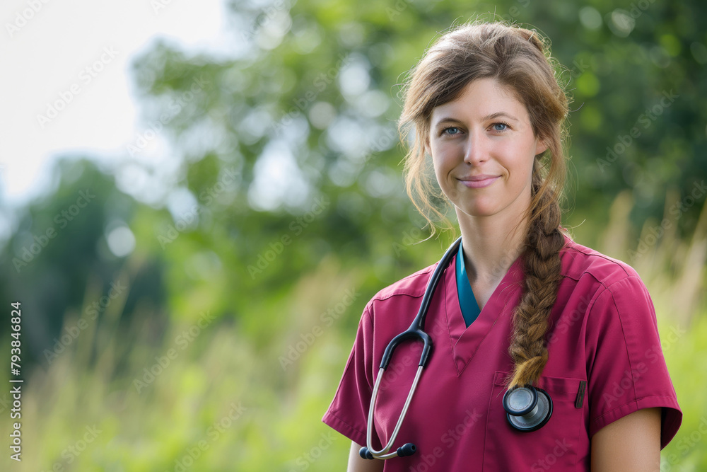 Young female nurse with a stethoscope standing outside, smiling at the camera Young female nurse with a stethoscope standing outside, smiling at the camera