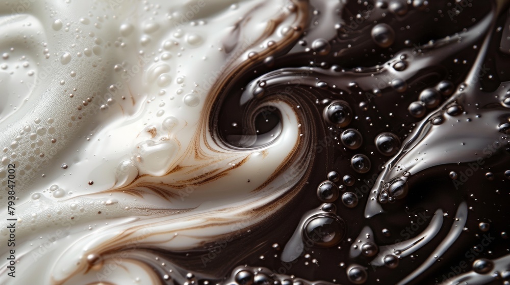Macro shot of milk and coffee intertwining in a dance of dark and light hues Macro shot of milk and coffee intertwining in a dance of dark and light hues
