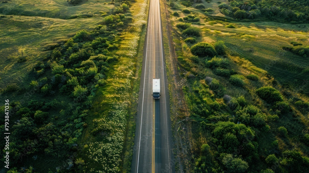 Aerial view of a truck driving down a rural road in the midst of a vast green field on a sunny day
