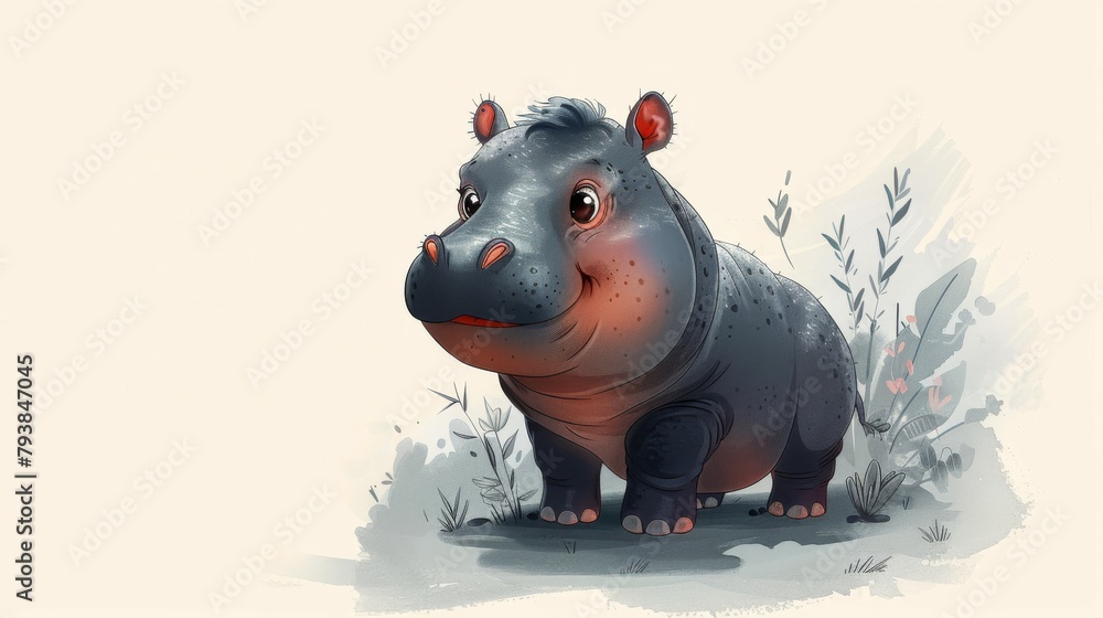 The cutest baby hippo. This cute Scandinavian African hippopotamus is an adorable kawaii safari animal in Scandi Nordic style. Original modern illustration in white for kids. - obrazy, fototapety, plakaty 