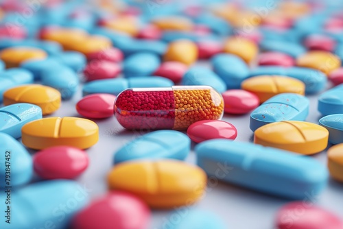 Vibrant, granulated capsules amidst assorted pills in macro view, highlighting healthcare and medication variety. Detailed textures ideal for pharmaceutical marketing and health publications photo