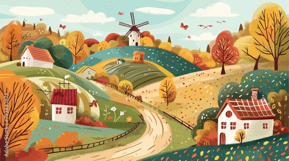 Autumn rural landscape with hand drawn lettering.